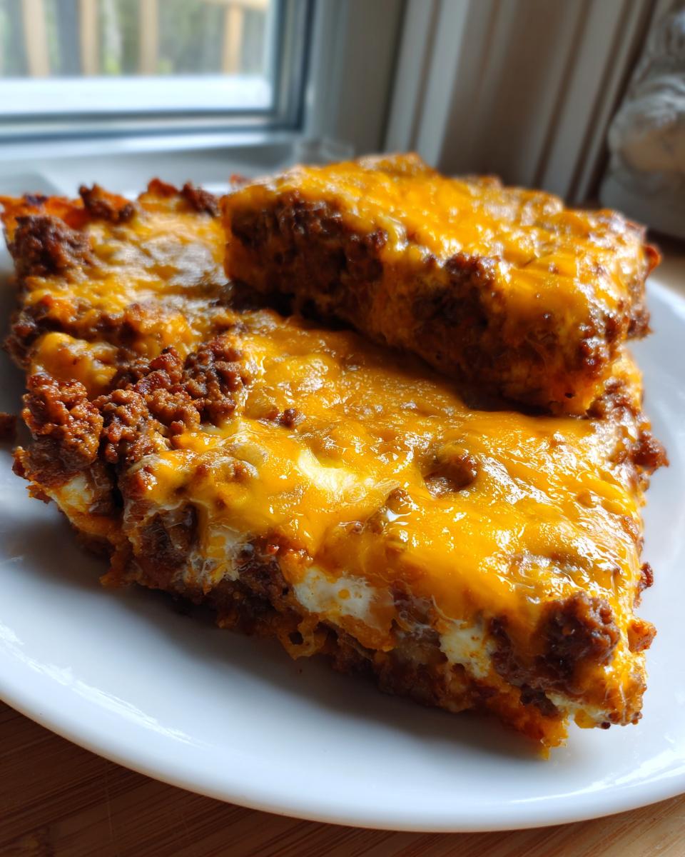 Two slices of baked doritos casserole with ground beef, covered in melted cheddar cheese, served on a white plate.