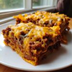 Two servings of rich doritos casserole with ground beef layered with melted cheddar cheese.