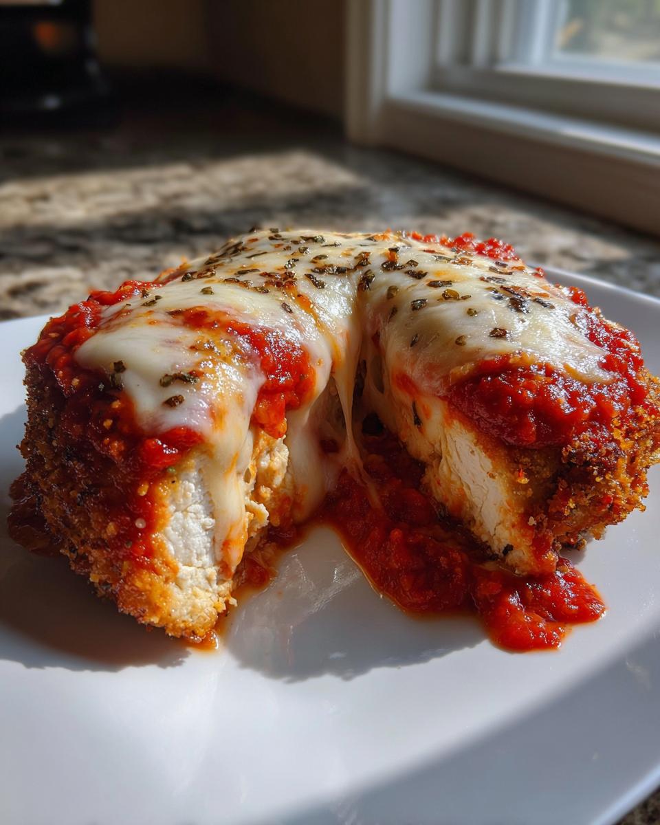 Cross-section of Easy Chicken Parmesan showing melted mozzarella cheese pulling apart over breaded chicken and marinara sauce.