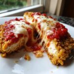 Cross-section of Easy Chicken Parmesan showing melted mozzarella cheese stretching between the two halves.