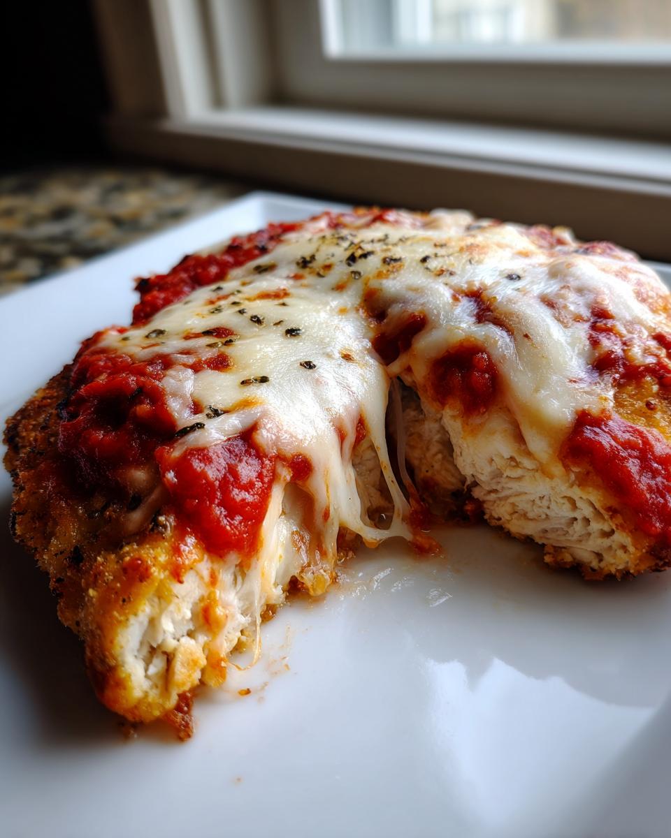 Close-up of Easy Chicken Parmesan cut in half showing melted mozzarella cheese and marinara sauce over the breaded chicken.
