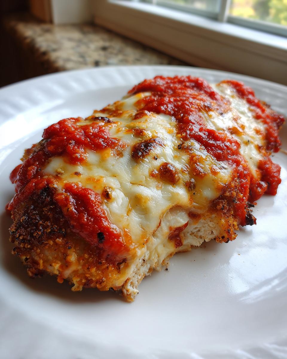 A close-up of a piece of Easy Chicken Parmesan topped with melted mozzarella and marinara sauce, showing a bite taken out.