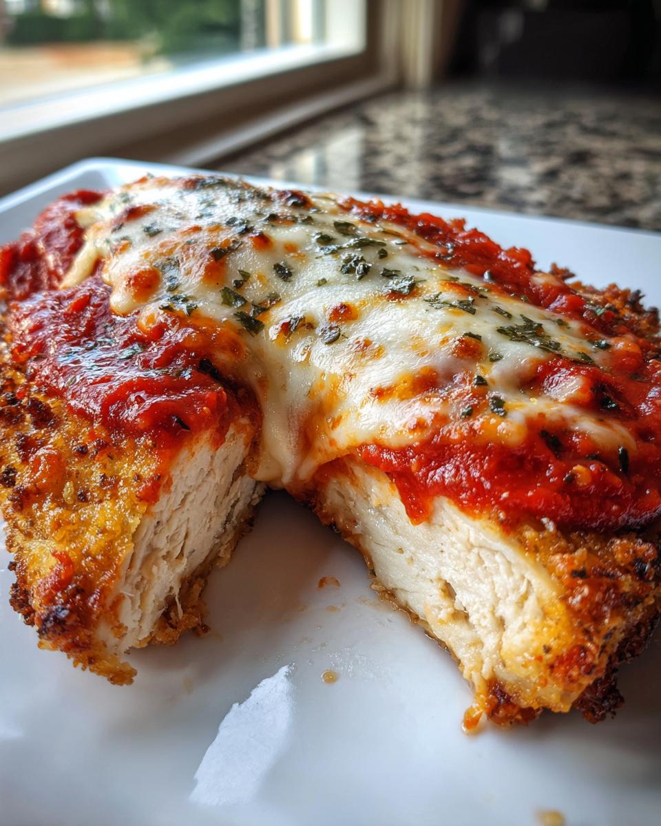 A close-up of Easy Chicken Parmesan cut in half, showing juicy white meat, crispy breading, marinara sauce, and melted mozzarella cheese.