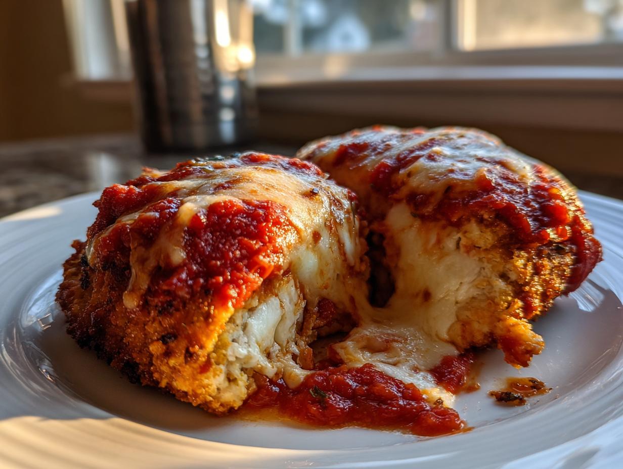 Two pieces of Easy Chicken Parmesan, cut open to show melted mozzarella cheese oozing out, covered in rich marinara sauce.