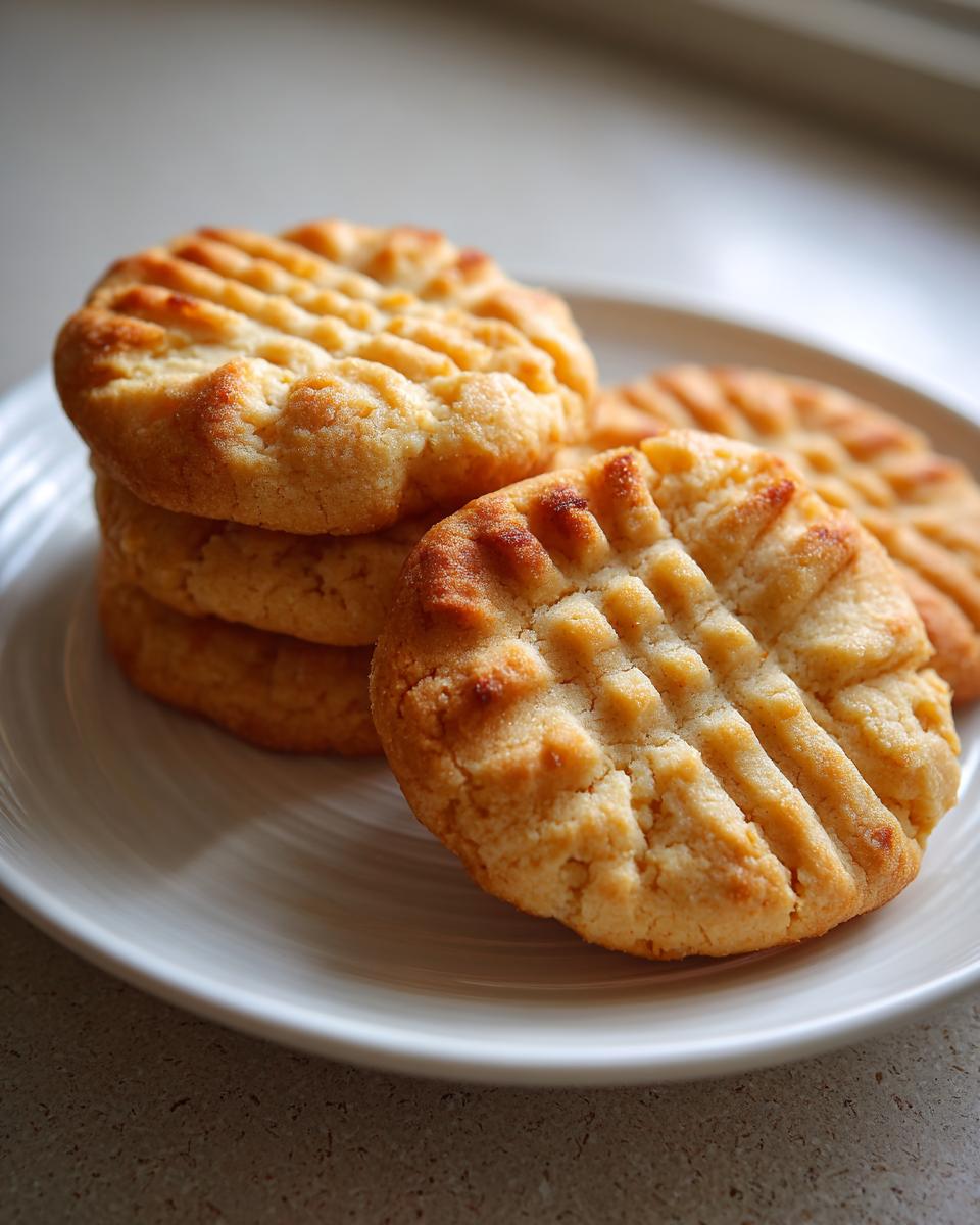A stack of golden brown Easy Peanut Butter Cookies featuring classic crosshatch fork marks on a white plate.