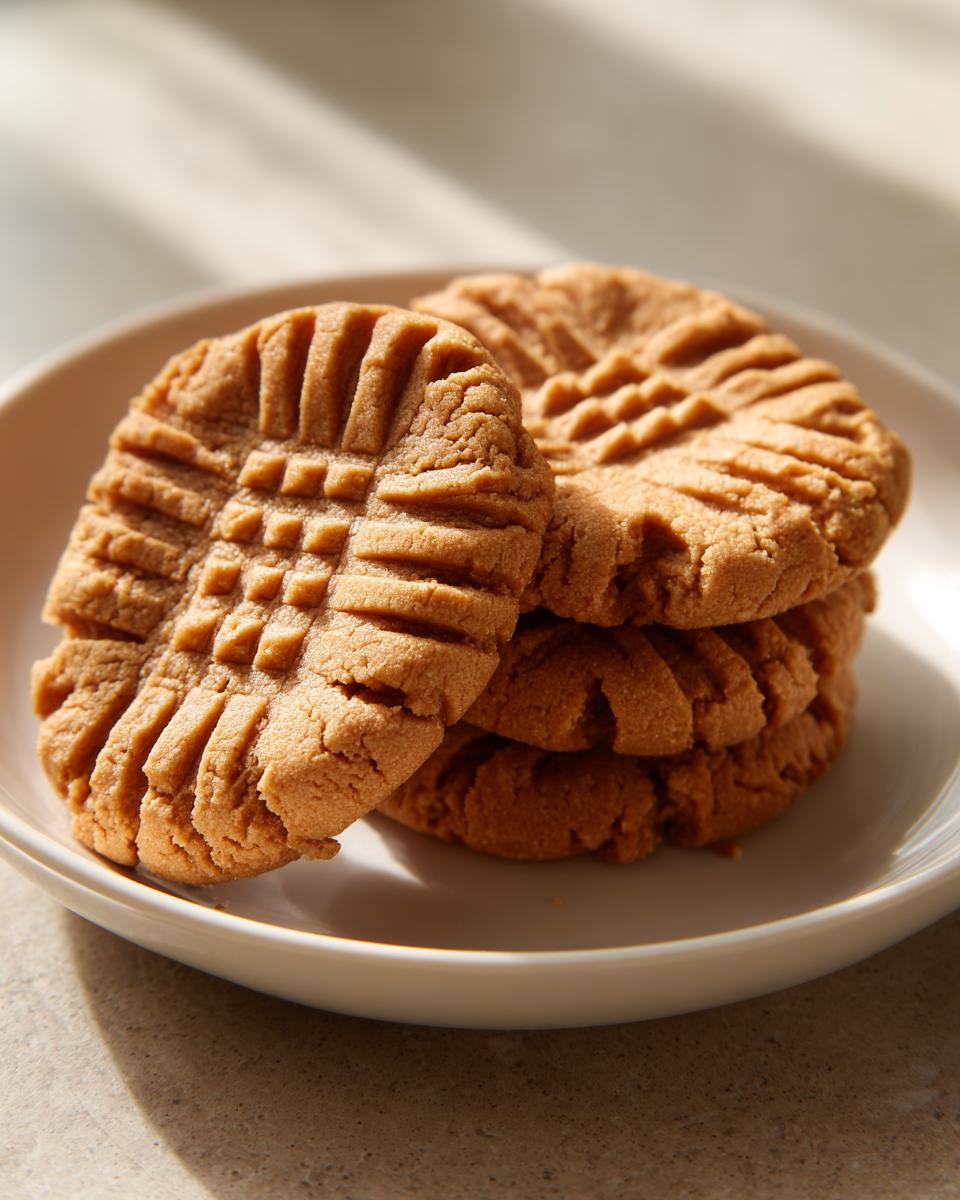 A close-up stack of freshly baked Easy Peanut Butter Cookies showing classic criss-cross fork marks on top.