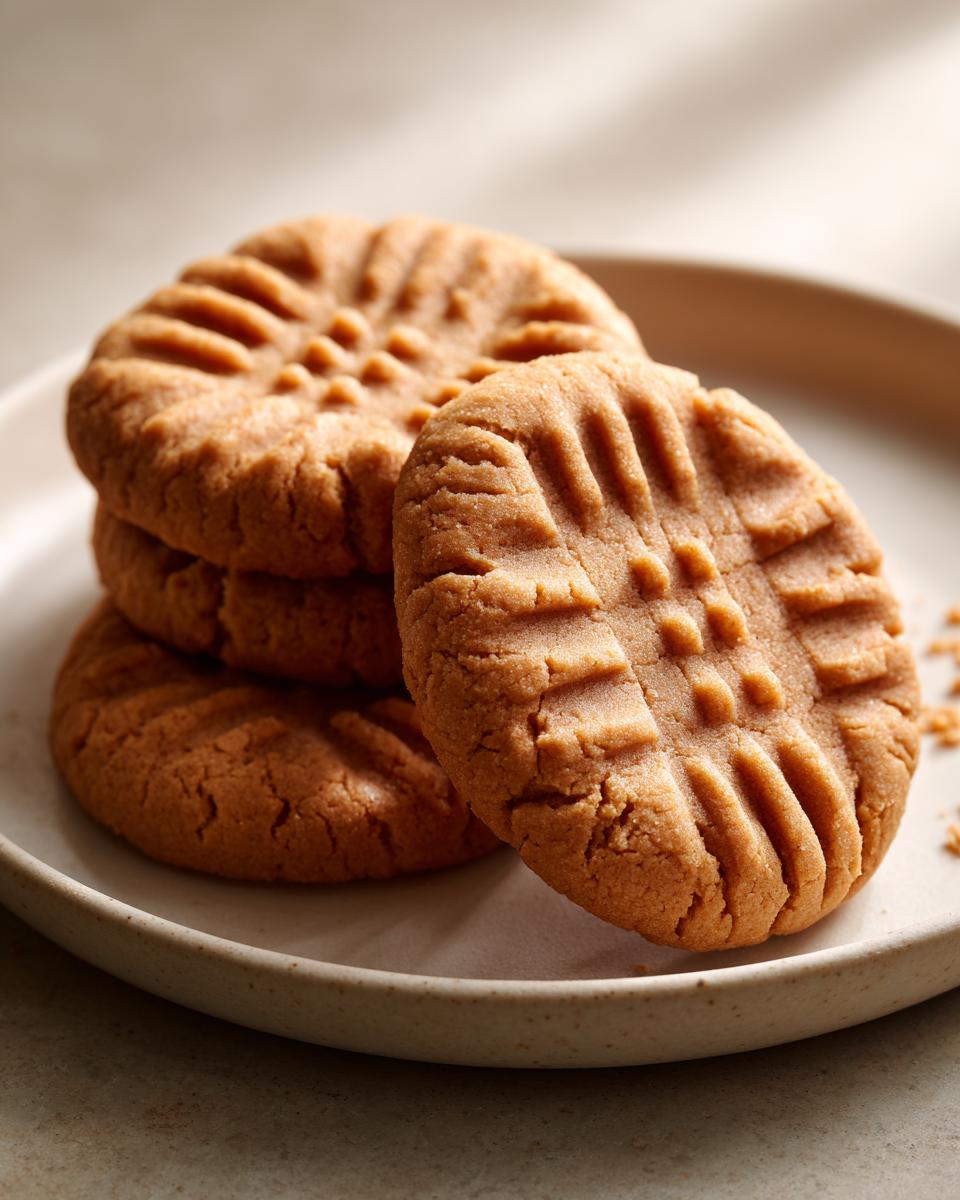 A stack of four classic Easy Peanut Butter Cookies with fork marks, resting on a speckled white plate.