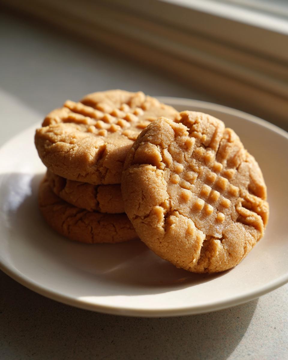 A stack of four classic Easy Peanut Butter Cookies showing the traditional crosshatch fork marks on a light plate.