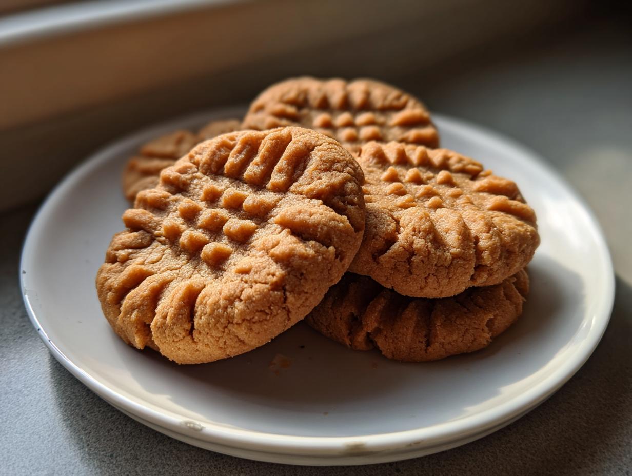 Close-up of several Easy Peanut Butter Cookies stacked on a white plate, showing the classic crisscross fork marks.