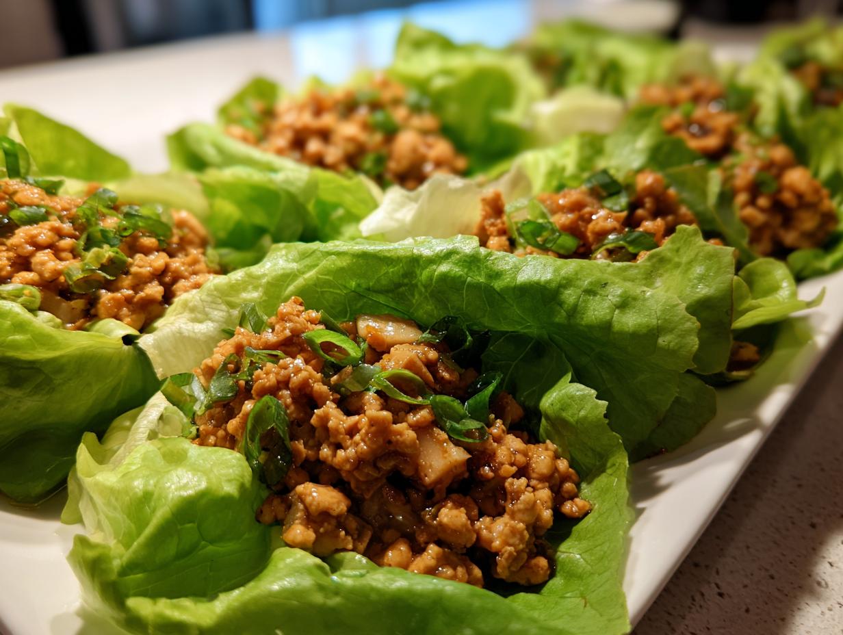 A close-up view of several fresh chicken lettuce wraps filled with savory ground chicken mixture and garnished with green onions.