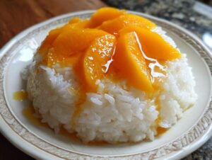 A close-up of delicious mango sticky rice served on a light plate, topped with bright orange mango slices and sweet sauce.