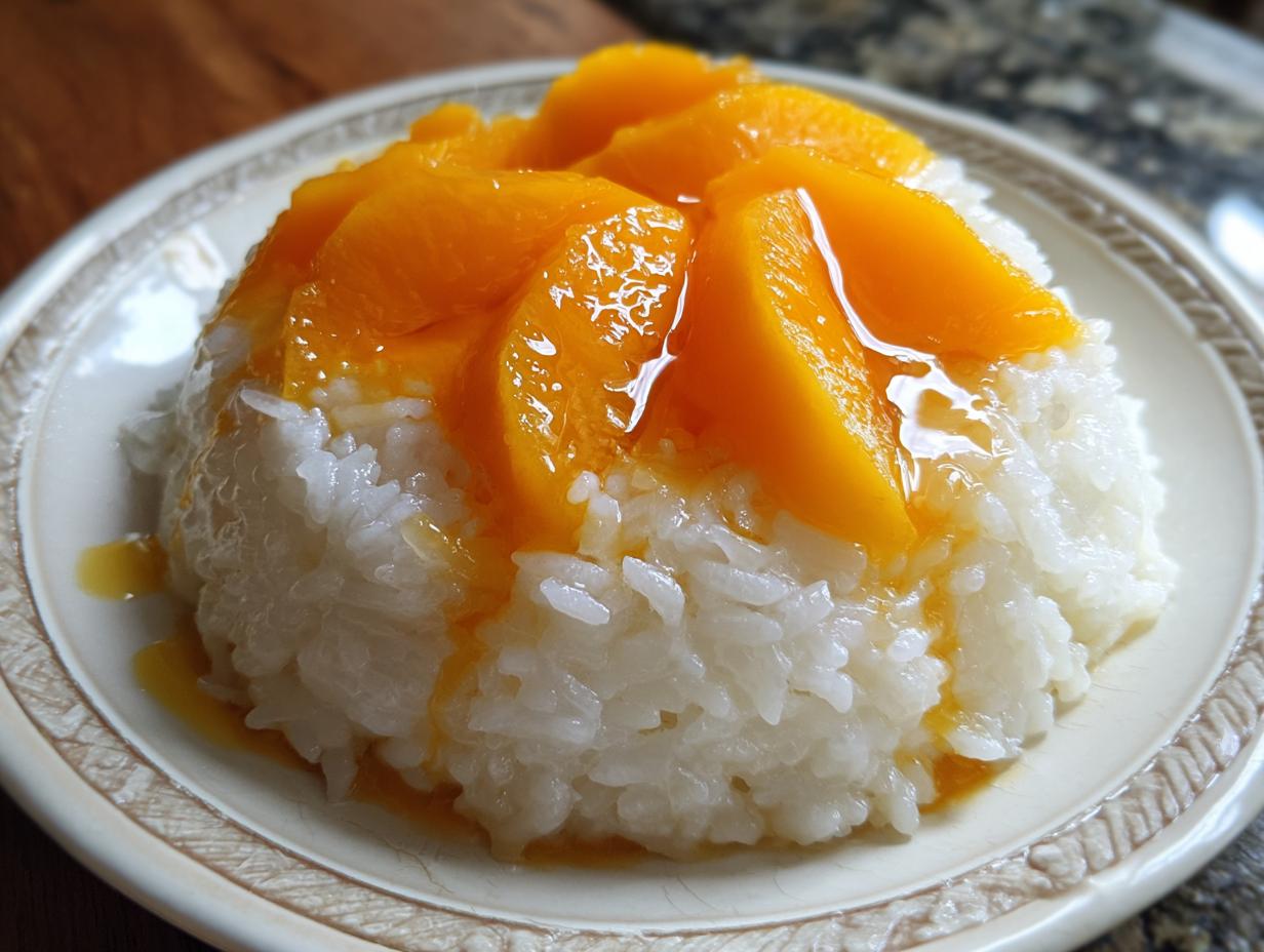 A close-up of delicious mango sticky rice served on a light plate, topped with bright orange mango slices and sweet sauce.