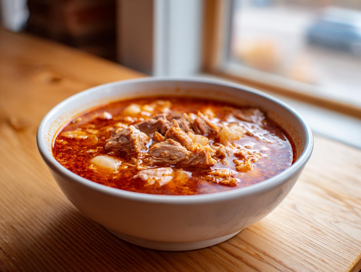 A close-up of a white bowl filled with steaming Pozole rojo, featuring tender pork chunks and hominy in a deep red broth.