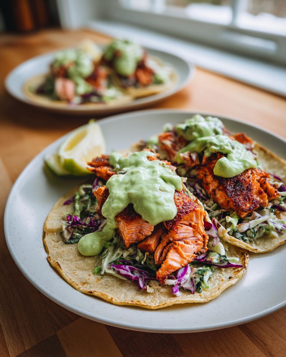 Two delicious salmon tacos topped with creamy green sauce and cabbage slaw, served with a lime wedge.