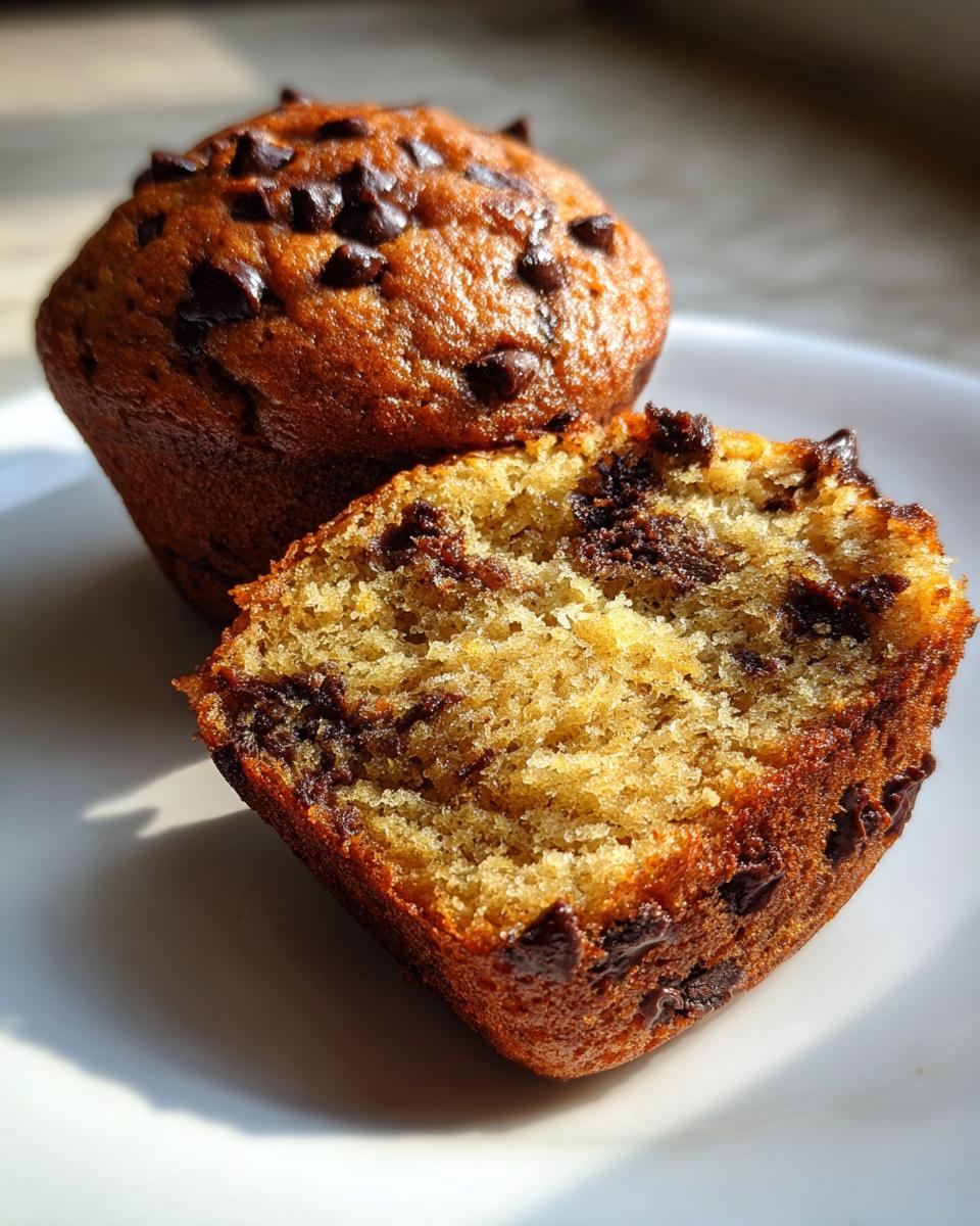 Close-up of fluffy banana chocolate chip muffins, one whole and one cut in half showing moist interior.