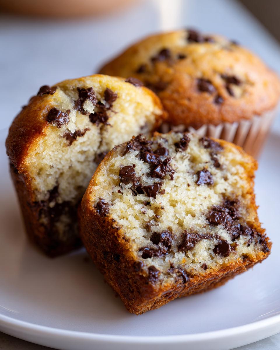Close-up of fluffy banana chocolate chip muffins, one cut in half showing moist interior and melted chocolate chips.