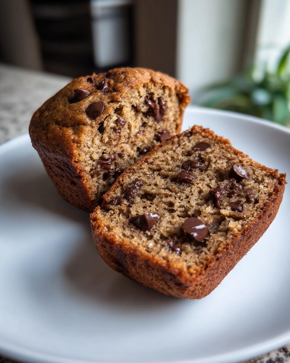 Close-up of fluffy banana chocolate chip muffins cut in half, showing moist interior and melted chocolate chips.