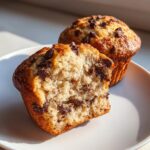 Close-up of fluffy banana chocolate chip muffins, one cut in half showing the moist interior and chocolate chips.