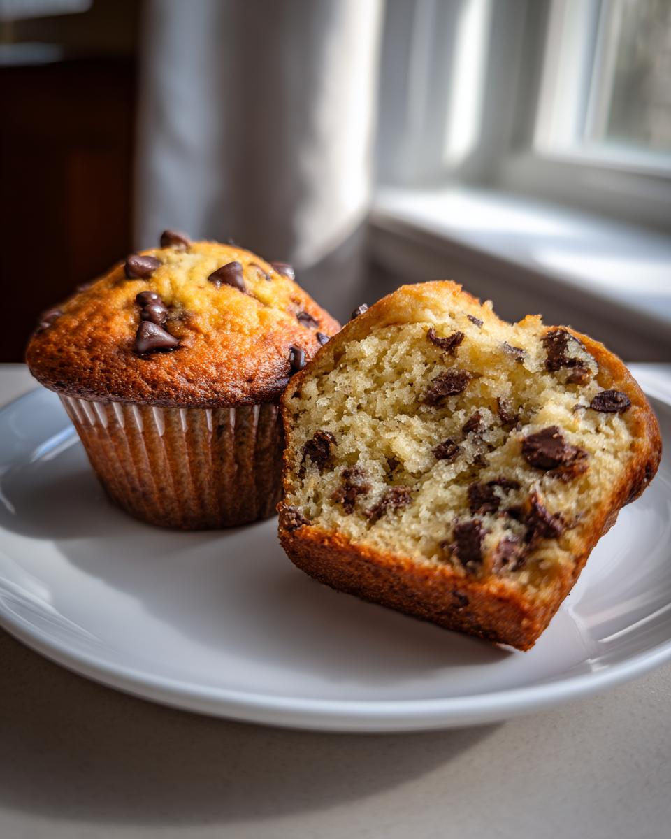 Two banana chocolate chip muffins on a white plate, one sliced open showing the moist interior.