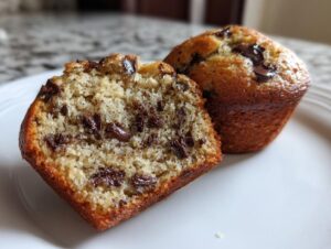 Close-up of fluffy banana chocolate chip muffins, one cut in half showing moist texture and melted chocolate chips.