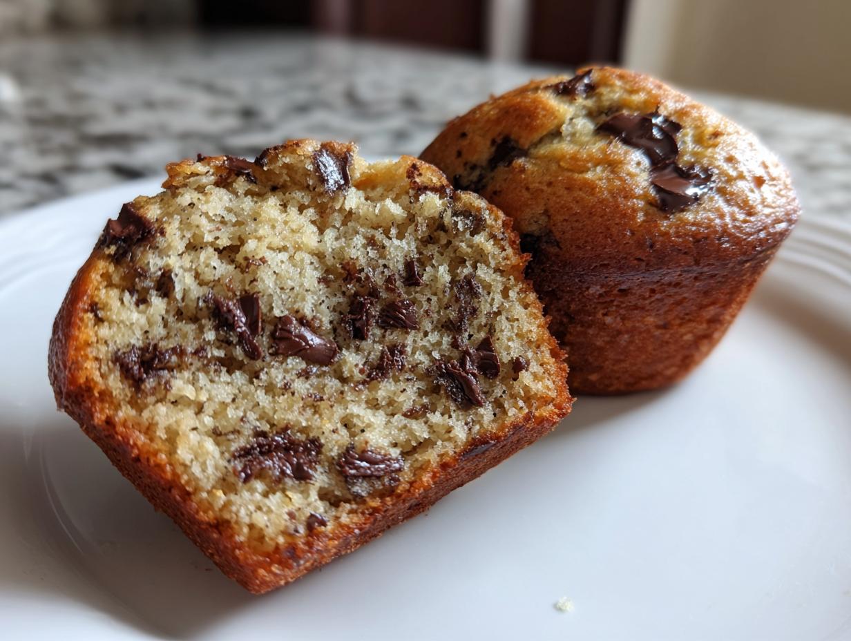 Close-up of fluffy banana chocolate chip muffins, one cut in half showing moist texture and melted chocolate chips.