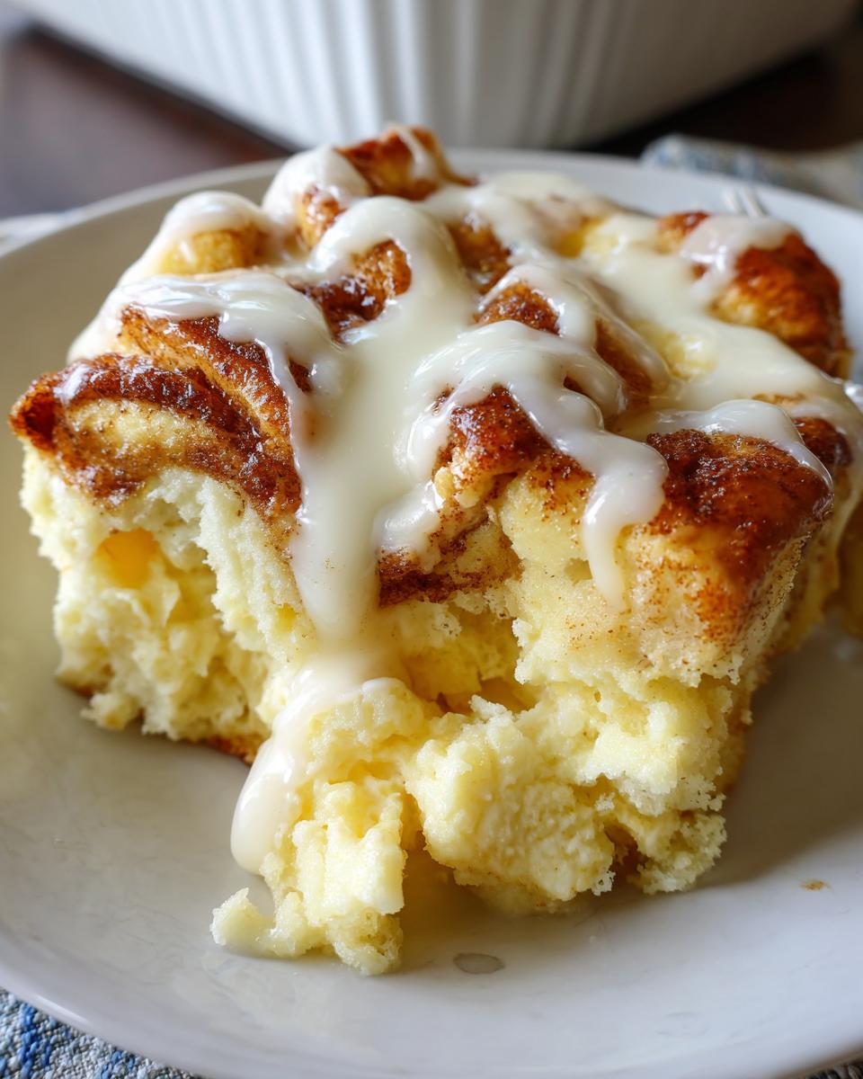 Close-up of a soft, fluffy square serving of Cinnamon roll casserole topped with thick white icing.