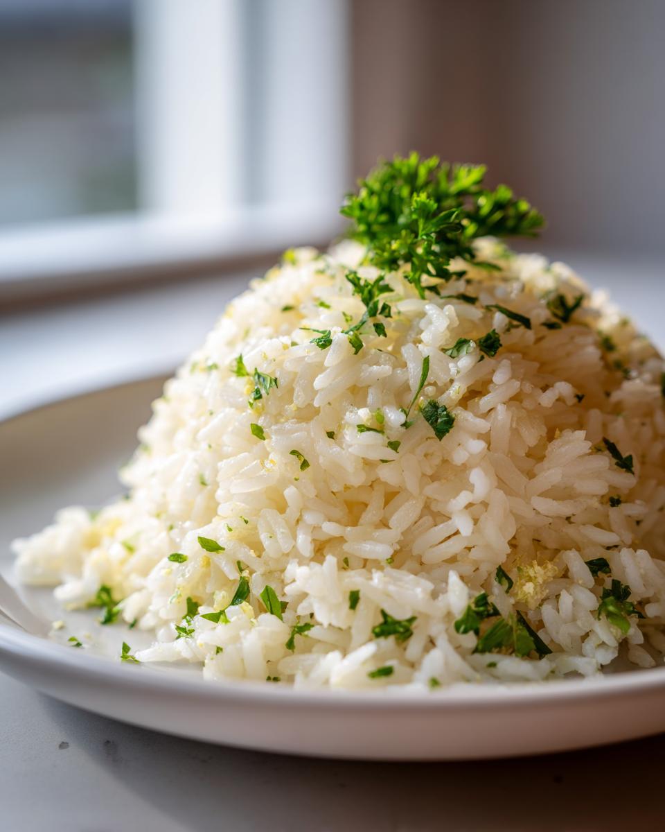 A perfectly molded mound of fluffy garlic butter rice, topped with fresh chopped parsley.