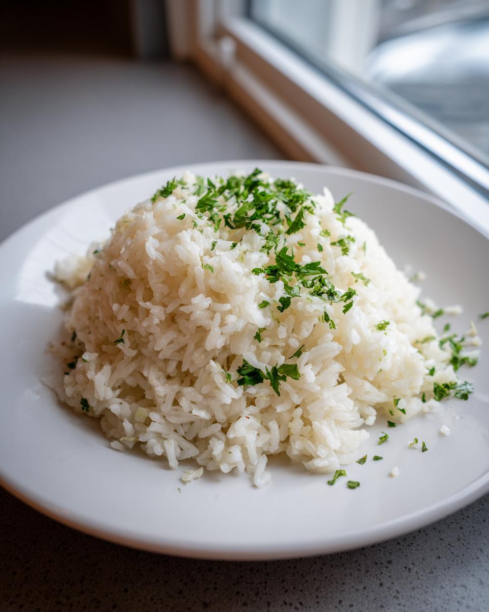 A mound of fluffy white garlic butter rice garnished generously with fresh chopped parsley on a white plate.