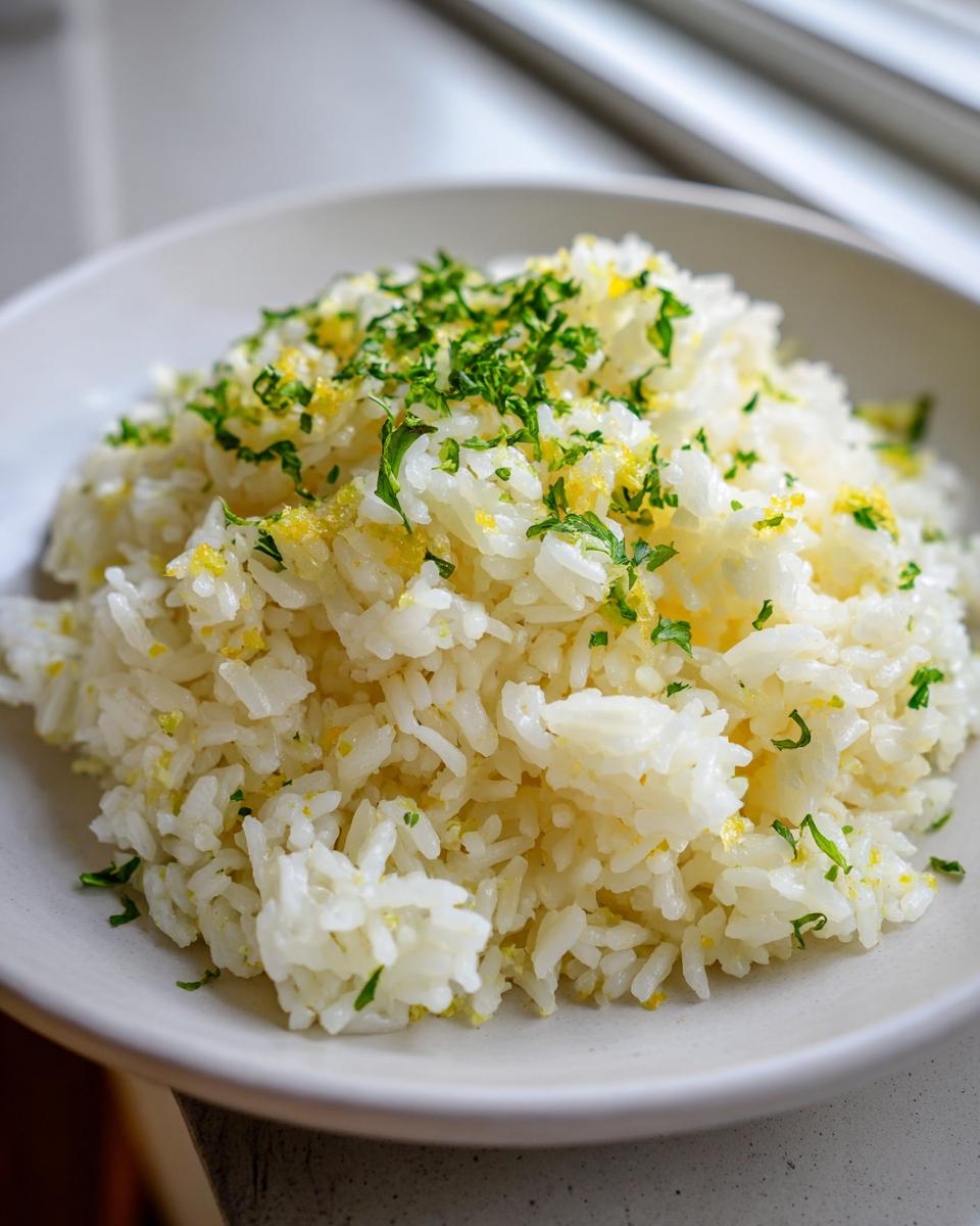 Close-up of fluffy white rice seasoned with butter and topped with fresh green parsley, resembling garlic butter rice.