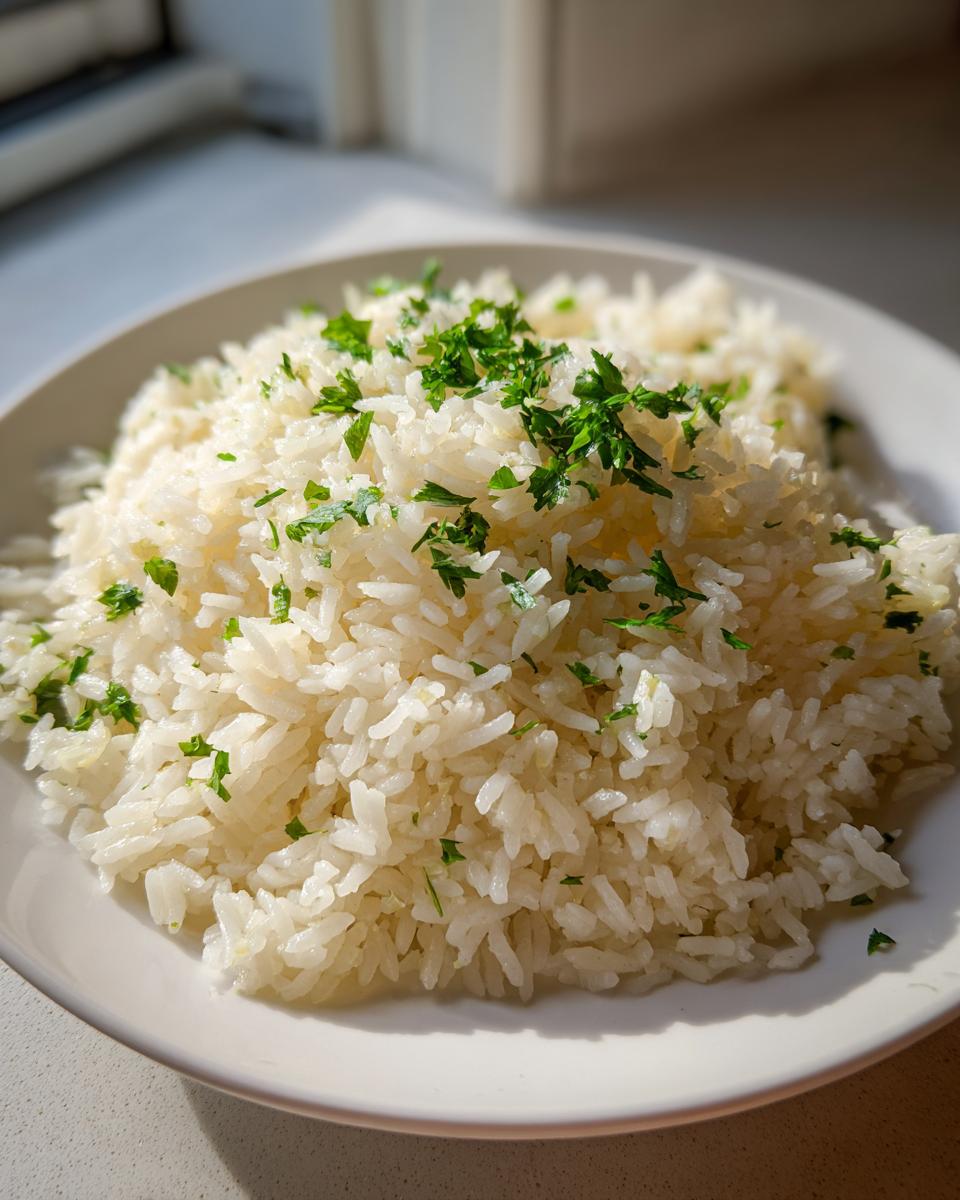 A close-up of fluffy white garlic butter rice served on a white plate and garnished with fresh chopped parsley.