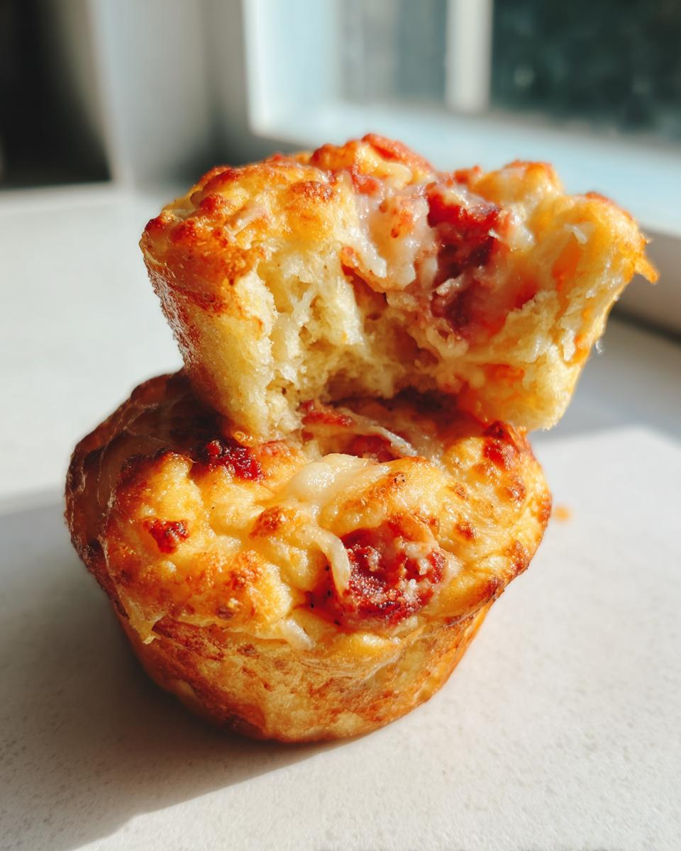 Two golden brown pizza muffins stacked, one broken open to show cheesy interior and pepperoni bits.
