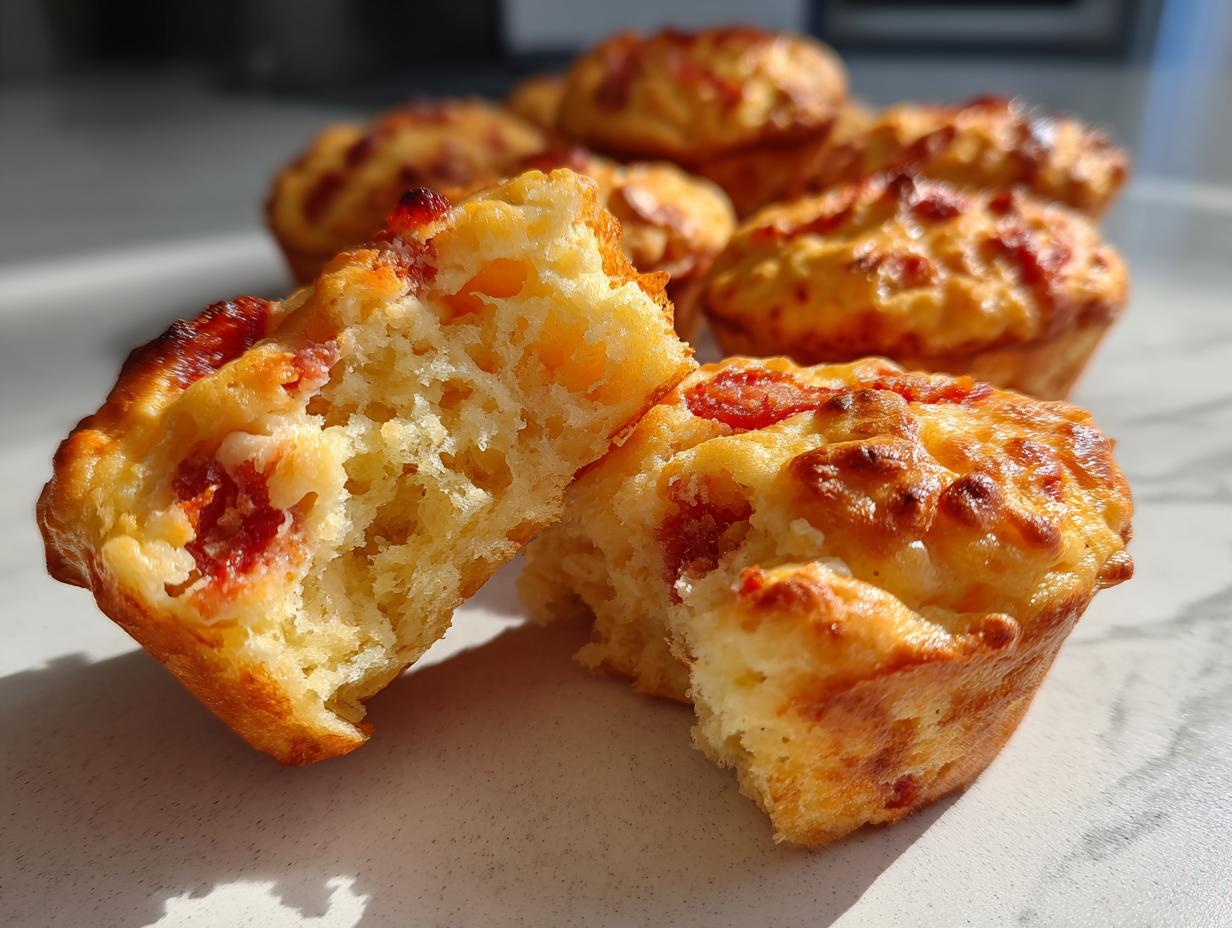 One of the pizza muffins is broken in half, showing the fluffy interior with cheese and pepperoni pieces inside the pizza muffins.