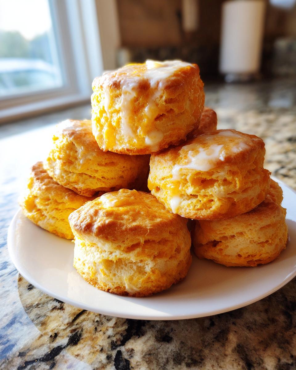 A stack of fluffy, golden sweet potato biscuits drizzled with white icing on a white plate.