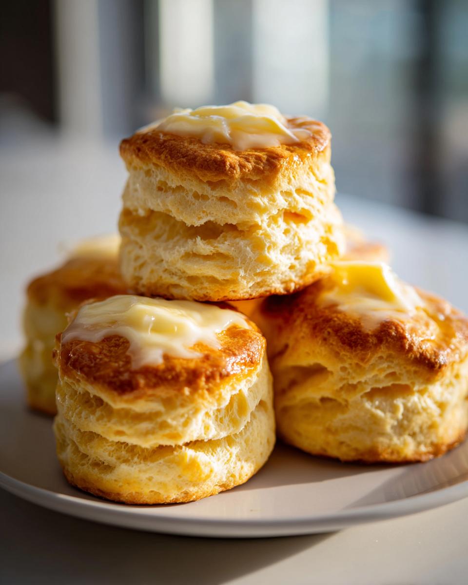 A stack of fluffy, golden-brown sweet potato biscuits topped with a light, creamy glaze.