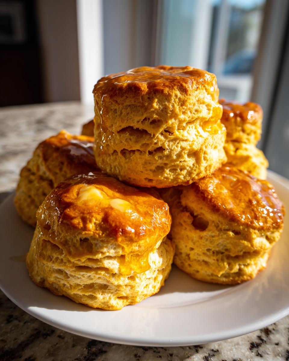 A stack of golden, fluffy sweet potato biscuits drizzled with a shiny glaze and topped with melting butter.