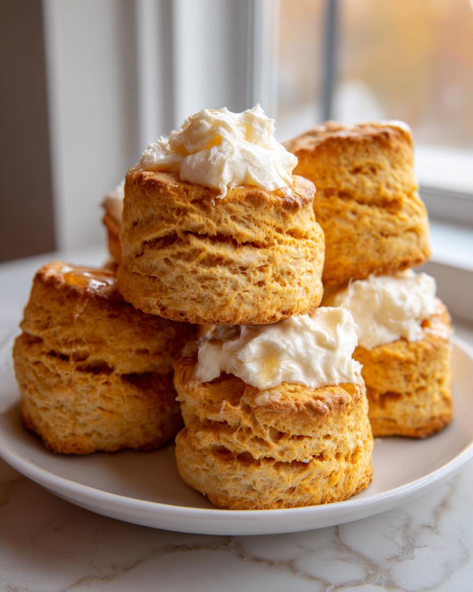 A stack of fluffy, golden sweet potato biscuits topped with whipped cream or butter, served on a white plate.