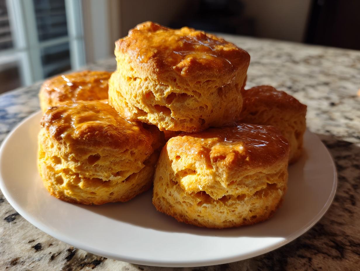 A stack of four golden brown, fluffy sweet potato biscuits drizzled with a shiny glaze, resting on a white plate.