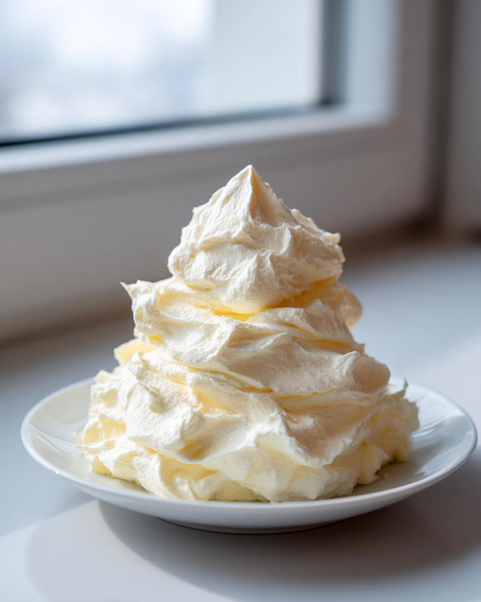 A tall swirl of fluffy, pale yellow vanilla buttercream frosting piled high on a small white saucer near a window.