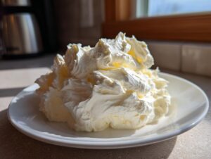 A generous mound of fluffy, pale yellow vanilla buttercream frosting piped onto a small white plate, catching bright sunlight.