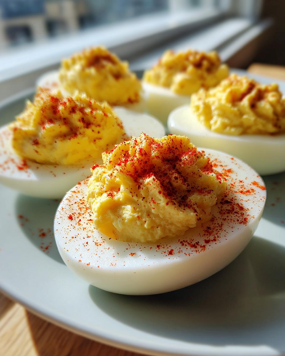 Close-up of several perfectly piped deviled eggs sprinkled with bright red paprika on a light blue plate.