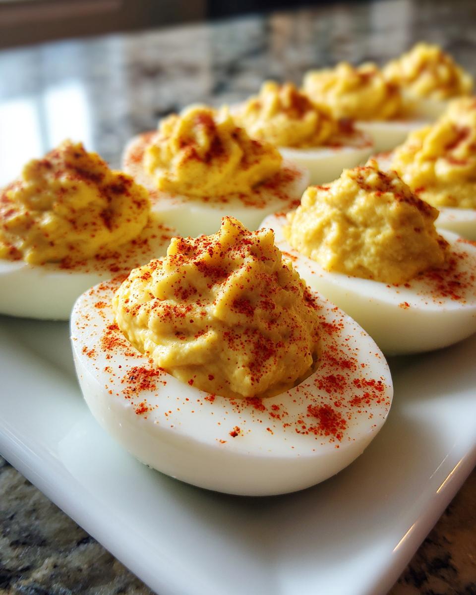 Close-up of creamy, piped deviled eggs sprinkled with bright red paprika on a white platter.
