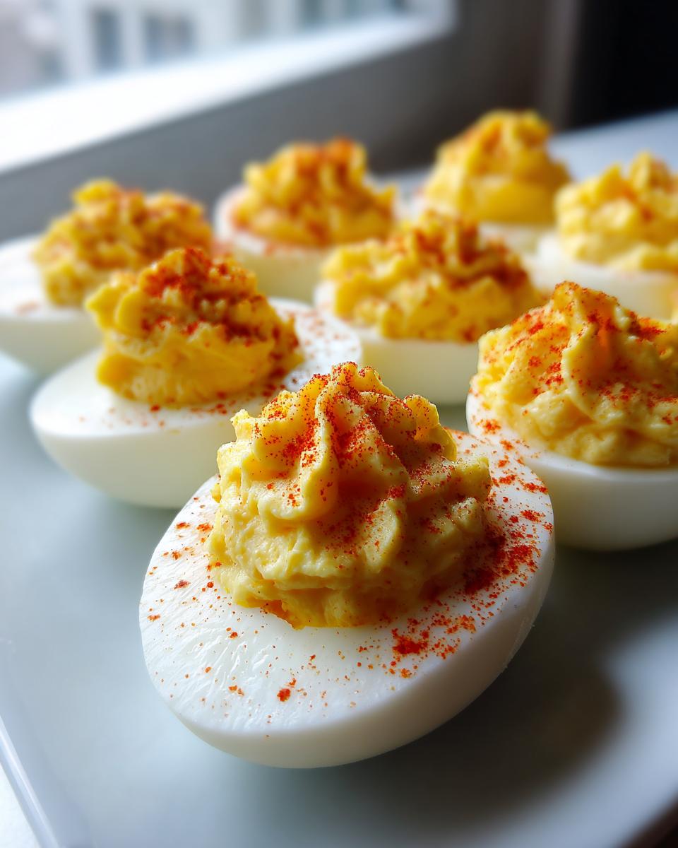 A close-up of several perfectly piped deviled eggs sprinkled with bright red paprika on a white plate.