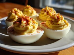 Close-up of five perfectly piped deviled eggs sprinkled with paprika on a light plate.