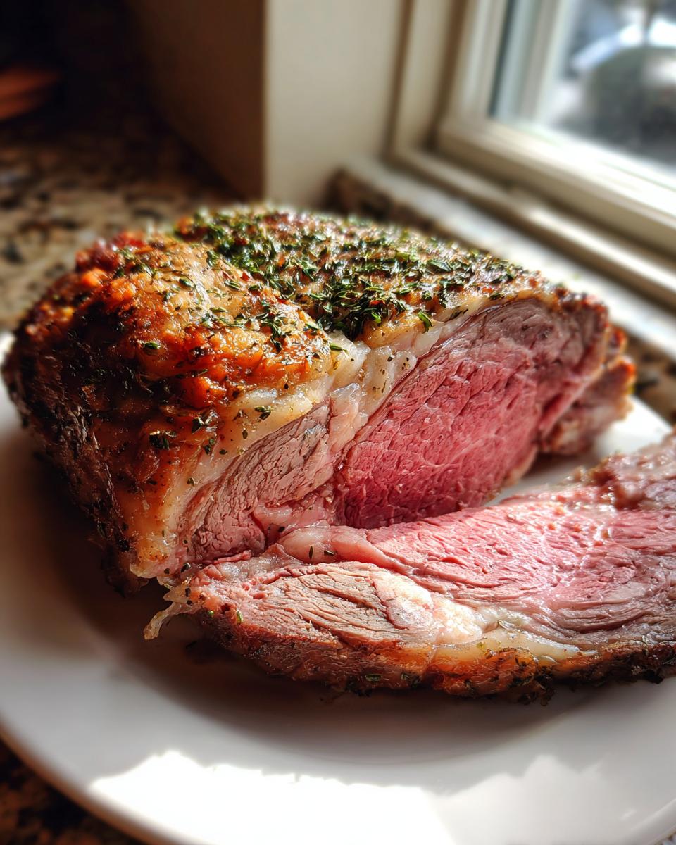 A thick slice of medium-rare prime rib recipe roast with a golden, herb-crusted exterior on a white plate.