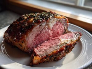 A thick slice cut from a perfectly cooked prime rib recipe, showing a medium-rare center and herb crust.