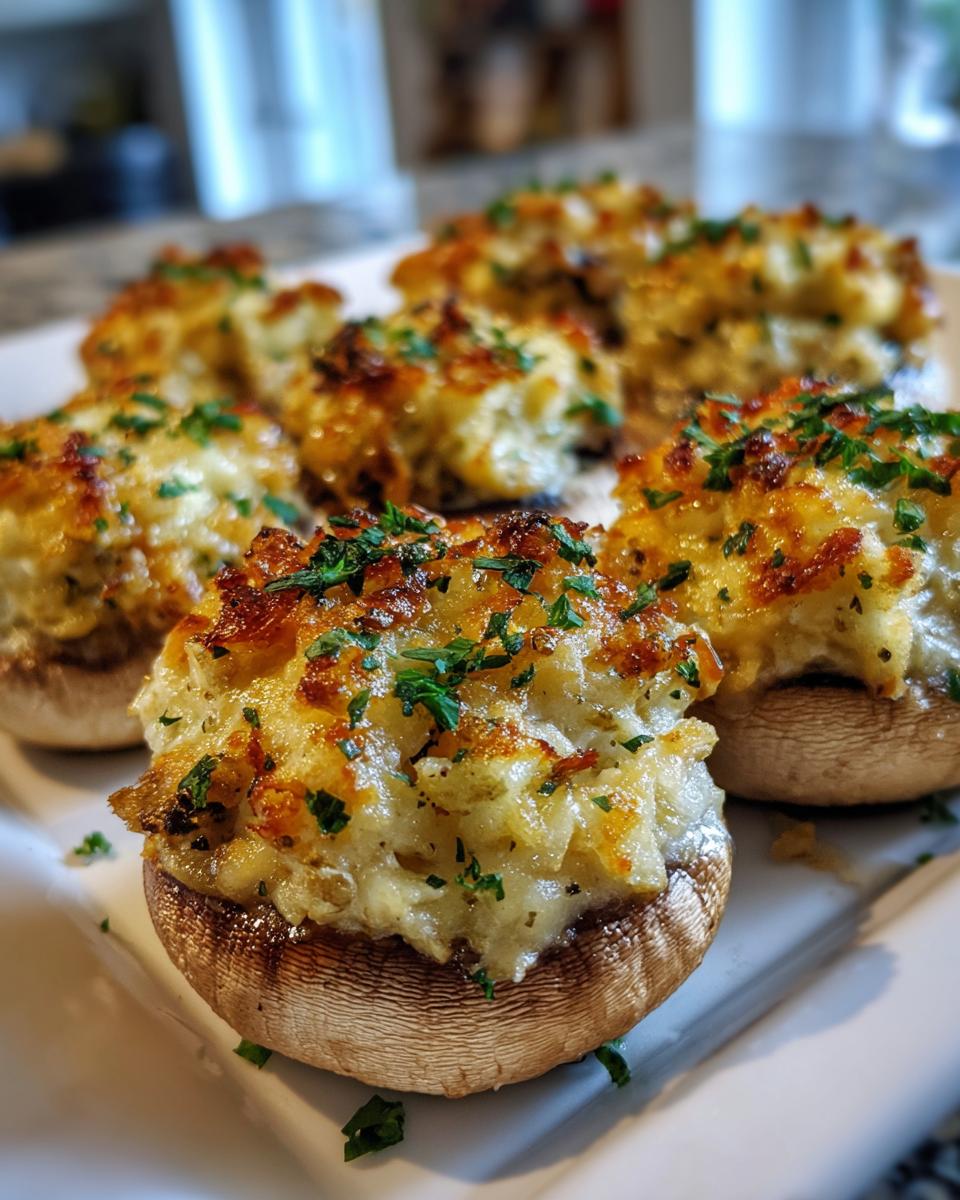 Close-up of baked stuffed mushrooms with a cheesy, golden-brown topping sprinkled with fresh parsley.