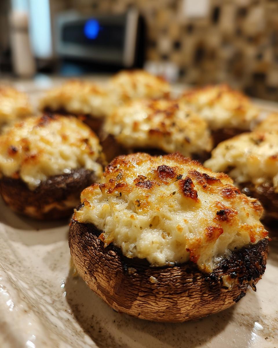 Close-up of freshly baked stuffed mushrooms with a golden, cheesy topping on a serving plate.