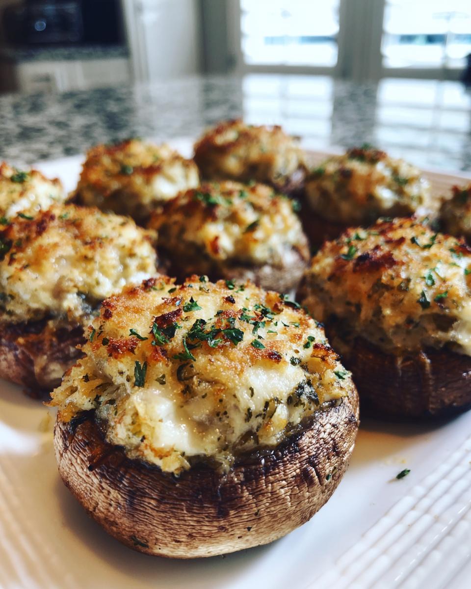 A close-up of perfectly baked stuffed mushrooms with a golden, cheesy topping and fresh parsley garnish.