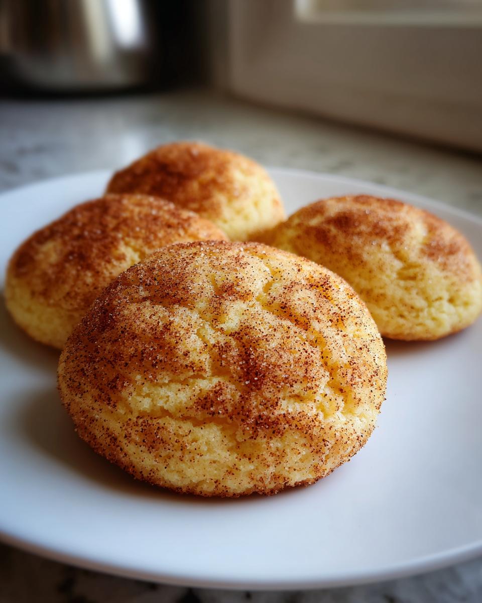 Four soft, freshly baked snickerdoodles generously coated in cinnamon sugar, resting on a white plate.