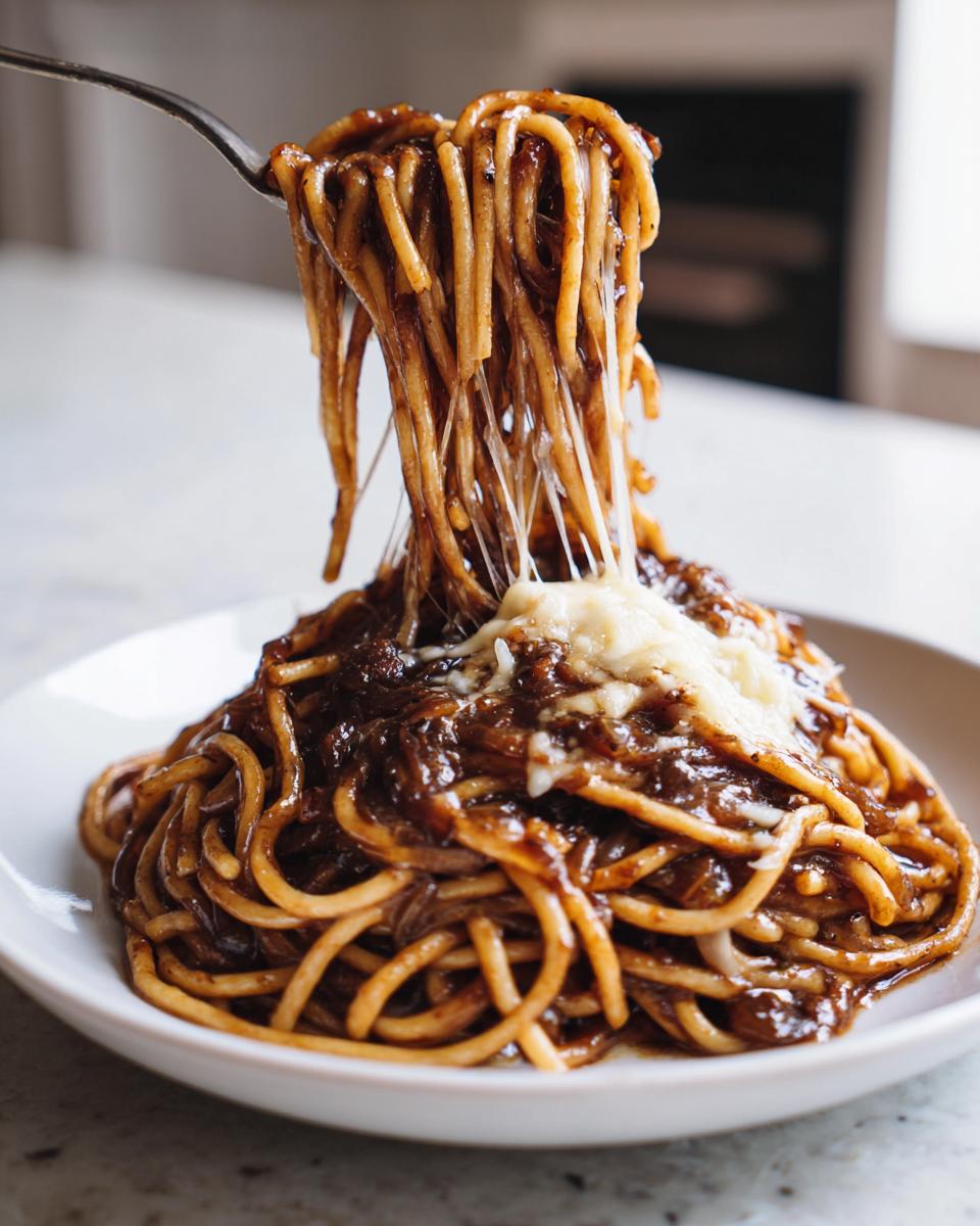 A fork lifts spaghetti coated in rich sauce, showing a dramatic cheese pull in this french onion pasta dish.